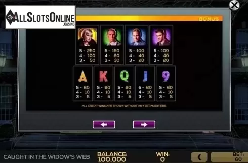 Paytable 2. Caught in the Widow's Web from High 5 Games