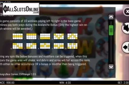 Paylines screen