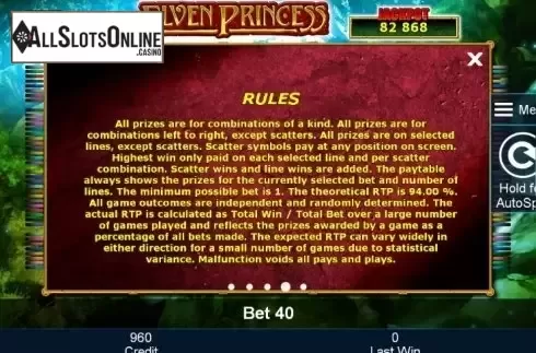 Paytable 4. Elven Princess from Greentube
