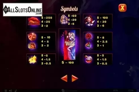 Paytable. Forbidden Passion from Spinomenal