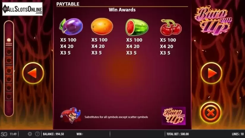 Paytable 2. 777 Burn' Em Up from Red7