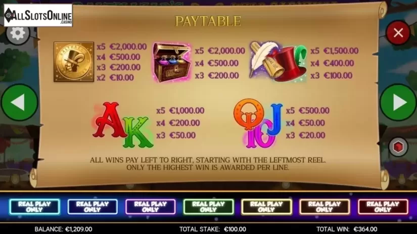 Paytable. Balthazar's Wild Carnival from CORE Gaming