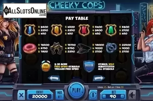 Paytable . Cheeky Cops from X Card