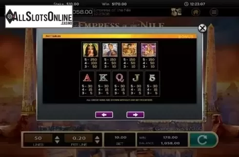 Paytable 1. Empress of the Nile from High 5 Games