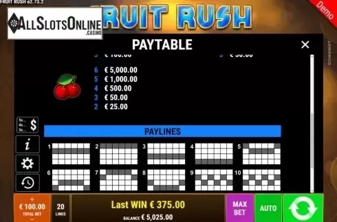 Paytable. Fruit Rush (Gamomat) from Gamomat