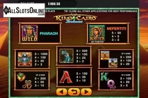 Paytable. King of Cairo Deluxe from GMW