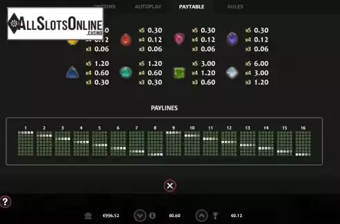 Paytable and paylines screen