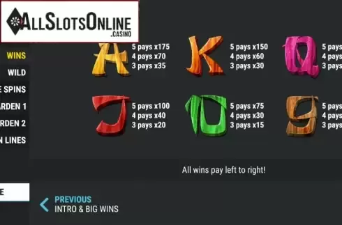 Paytable. Lucky Garden from Slot Factory