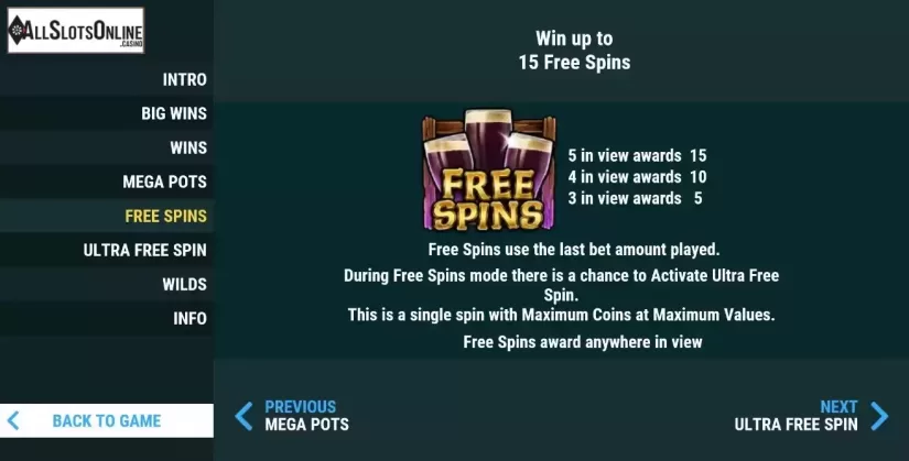 Free Spins screen
