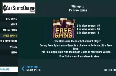 Free Spins screen