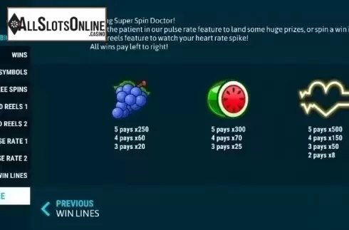 Paytable 1. Super Spin Doctor from Slot Factory