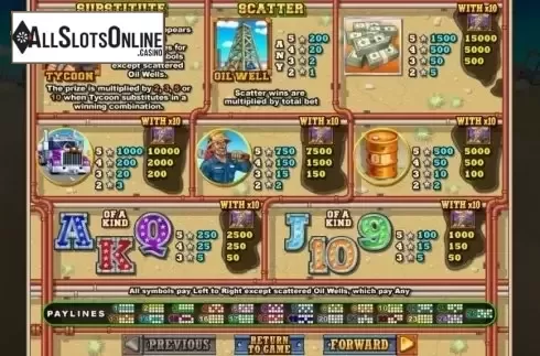 Paytable. Texan Tycoon from RTG