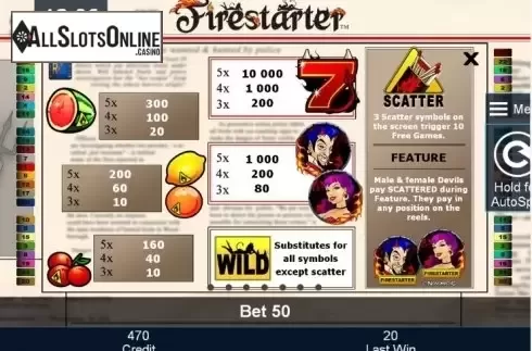 Paytable 1. Firestarter from Greentube