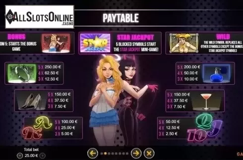 Paytable. Glam Night from GAMING1