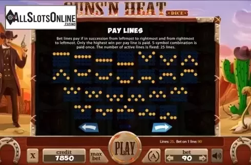Paylines screen. Guns'n Heat Dice from Mancala Gaming