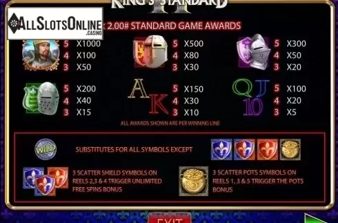 Paytable 1. King's Standard II from Barcrest