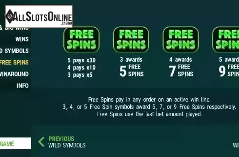 Free Spins screen