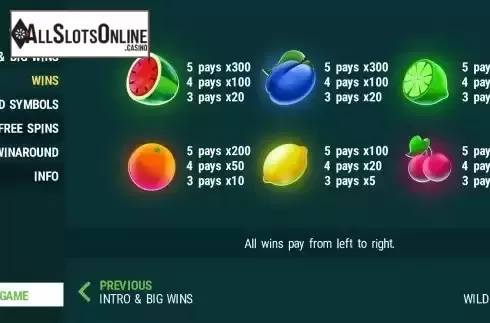 Paytable screen