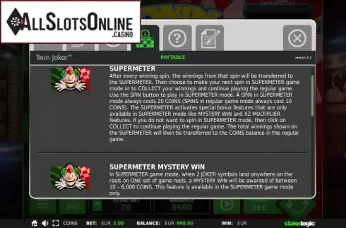 Paytable 1. Twin Joker from StakeLogic