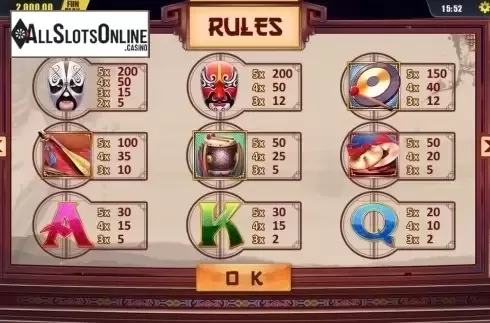 Paytable . Beijing Opera from Dream Tech