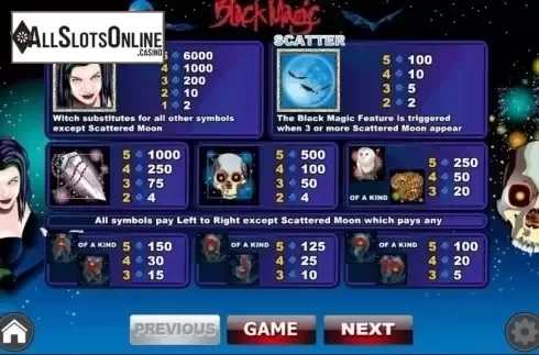Paytable. Black Magic (WGS Technology) from Wager Gaming