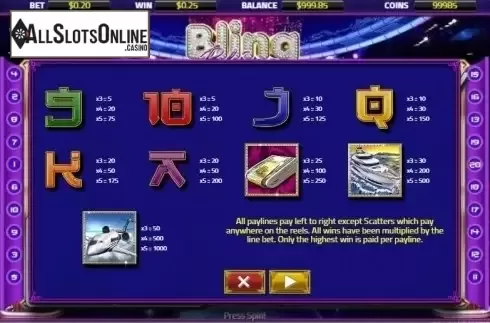 Paytable. Bling Bling from XIN Gaming