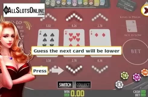 Game screen. Hi-Lo Privee (World Match) from World Match