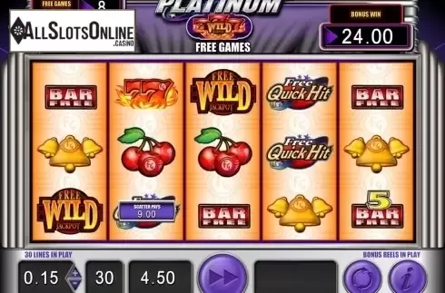 Free Spins screen. Quick Hit Platinum Triple Blazing 7s from Bally