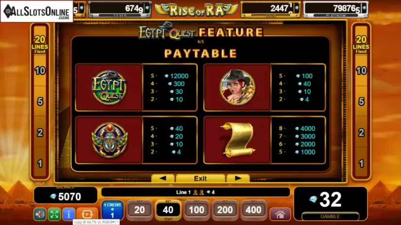 Paytable 2. Rise of Ra: Egypt Quest from EGT