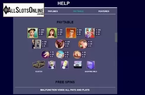 Paytable screen 1. Shopping in the Hills from Arrows Edge