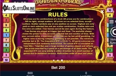 Paytable 3. Golden Cobras deluxe from Greentube