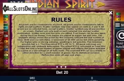 Paytable 2. Indian Spirit from Greentube