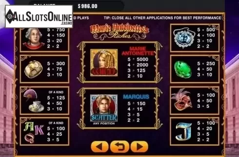 Paytable. Marie Antoinette's Riches from GMW