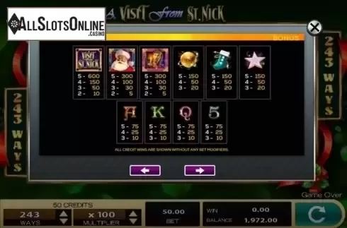 Paytable. A Visit from St. Nick from High 5 Games