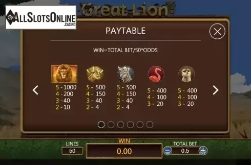 Paytable 1. Great Lion (Dragoon Soft) from Dragoon Soft