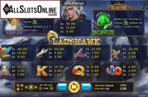 Paytable. Lady Hawk from EAgaming