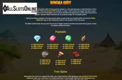 Paytable screen