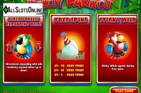 Intro Game screen. Party Parrot from Rival Gaming