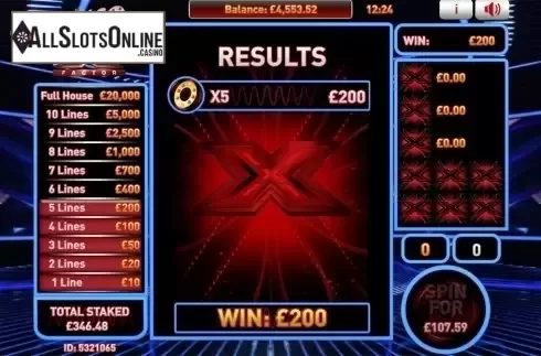 Win screen. Slingo X Factor from Slingo Originals