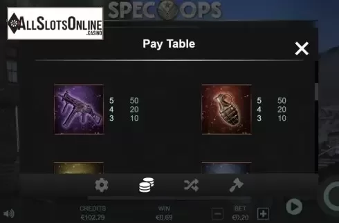 Paytable screen 3. Spec-Ops from Cubeia