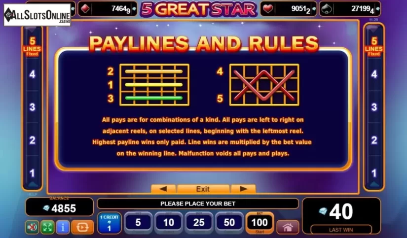 Paylines. 5 Great Star from EGT