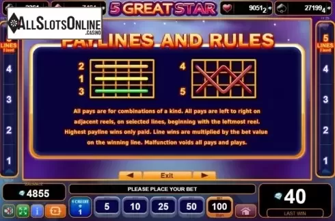Paylines. 5 Great Star from EGT