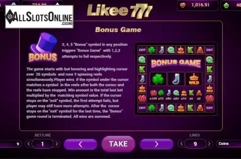 Bonus Game screen