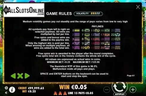 Paylines screen