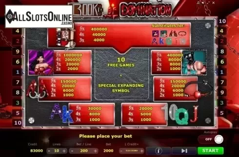 Paytable screen. Book of Domination from Five Men Games