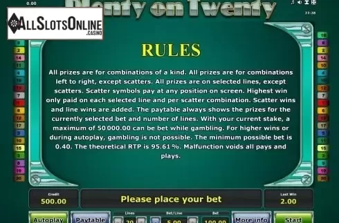 Paytable 2. Plenty on Twenty from Greentube