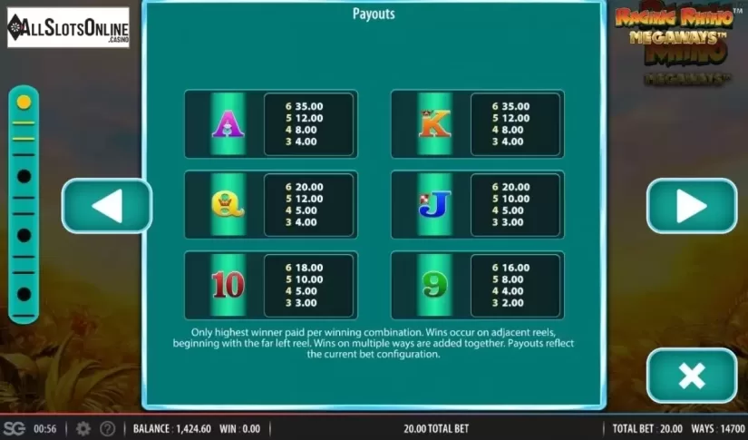 Paytable 2. Raging Rhino Megaways from Red7