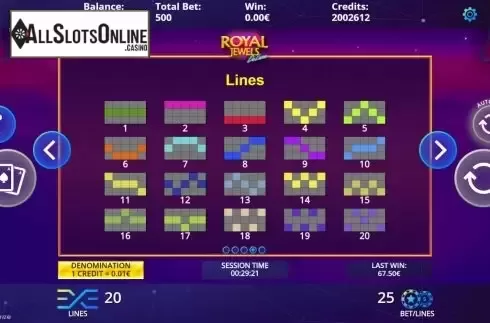 Paylines screen. Royal Jewels Deluxe from DLV