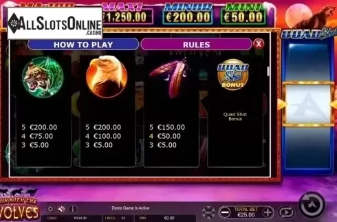 Paytable 2. Run with the Wolves Quad Shot from Ainsworth