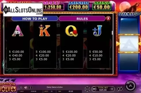 Paytable 3. Run with the Wolves Quad Shot from Ainsworth